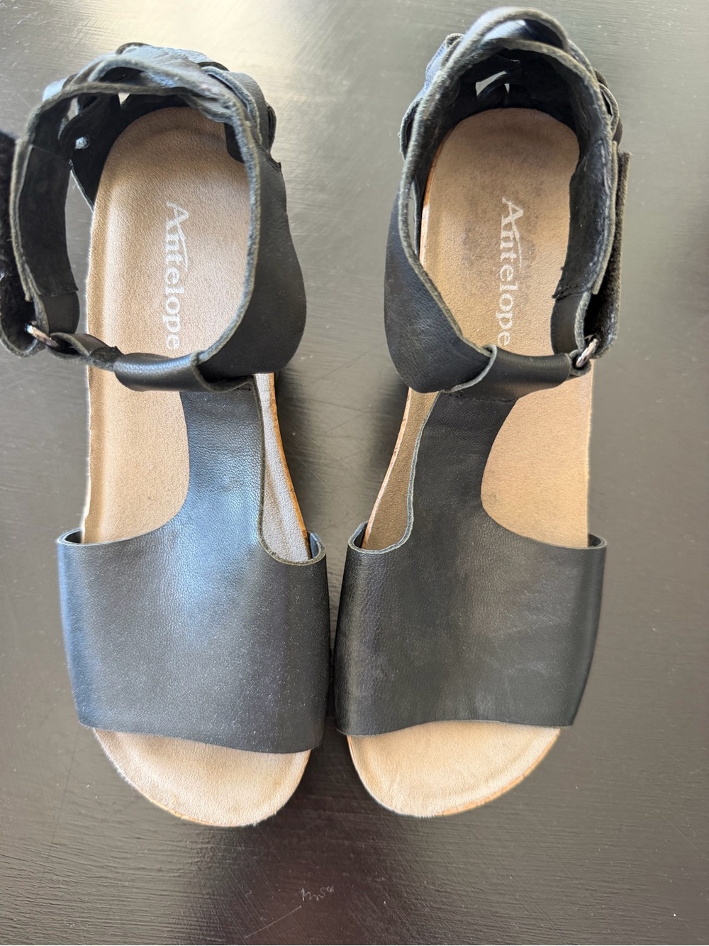 Antelope Black Leather T-Strap Wedge Sandals